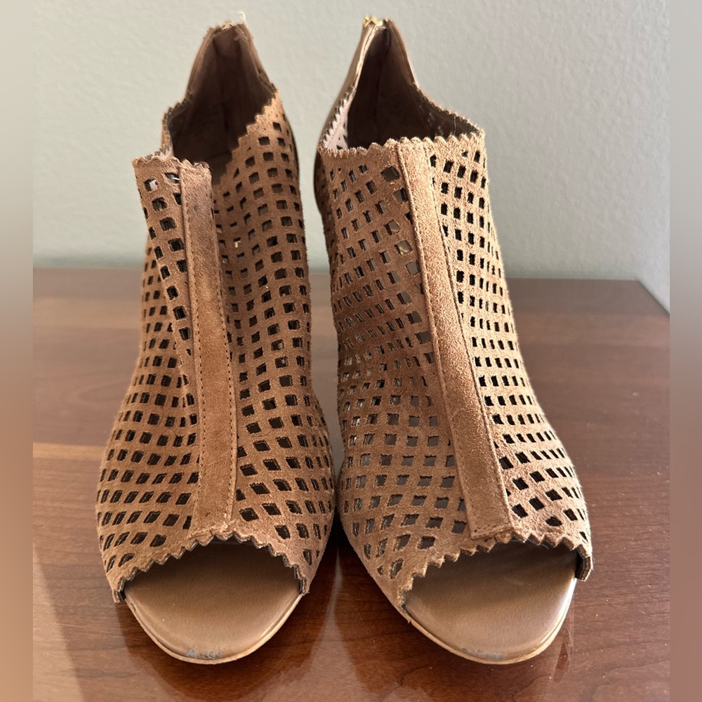 Marc Fisher Brown Heeled Boots with Peep-Toe Design